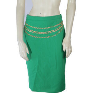 Vintage Escada Margaretha Ley Green Wool Knee Length Chain Embroidered Skirt 38